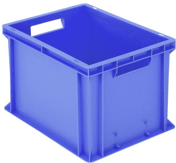 Blue, rectangular plastic crate with side handles, used for transporting or storing goods.