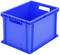 A blue plastic crate with two open handles on the sides stands upright.