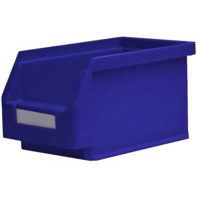 A blue plastic container with an open lid and a label holder on the front, suitable for storage.