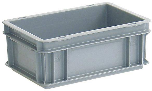 Grey plastic storage box with a rectangular shape, stackable, without a lid. Suitable for storage or transportation of goods.