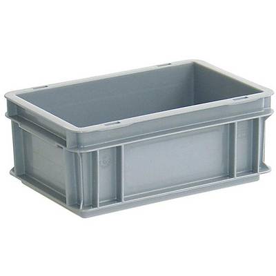 Grey plastic storage box with a rectangular shape, stackable, without a lid. Suitable for storage or transportation of goods.