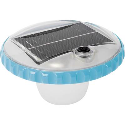 Round, transparent solar light with blue rim and built-in solar panel.