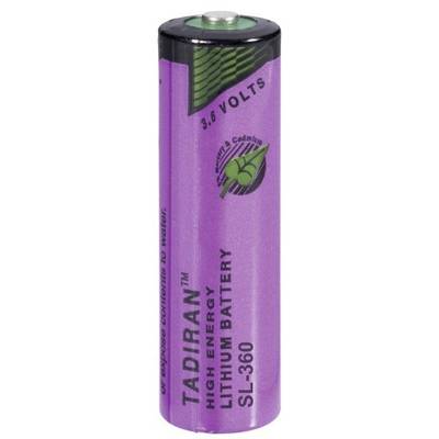 Tadiran Lithium battery with 'Lila' labelling, marked '3.6 Volts' and 'SL-360'. Features an environmentally friendly logo.