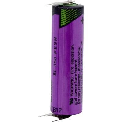 Purple cylindrical battery with warnings regarding fire and explosion hazards. Top marked with "+" and bottom with metal tab.