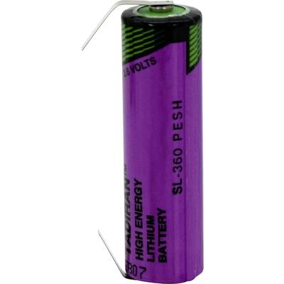 Lilac lithium battery with the inscription 'Tadiran High Energy', '3.6 Volts', 'SL-360 P ESH', visible in the foreground.