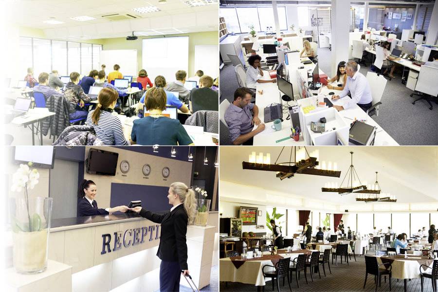 Top left: People working in a classroom. Top right: Open-plan office with employees. Bottom left: Person at a reception desk. Bottom right: Restaurant with guests.