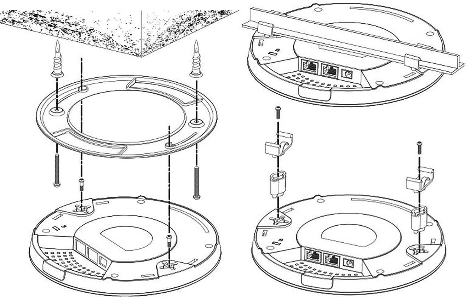'Instructions for Installing a Circular Device with Screws and Cover Plate. Demonstrates Step-by-Step Installation and Placement of Components.'