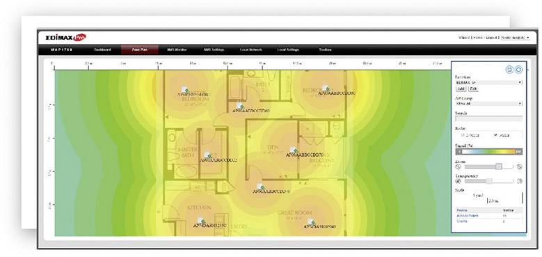'Edimax Wi-Fi' signal strength visualisation on a floor plan. Colour gradient shows signal intensity: green (strong) to yellow (weaker).