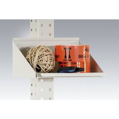 A metallic shelving unit with a cord reel, a red bucket, and two plastic caps placed on top. In the background, a perforated metal sheet profile.