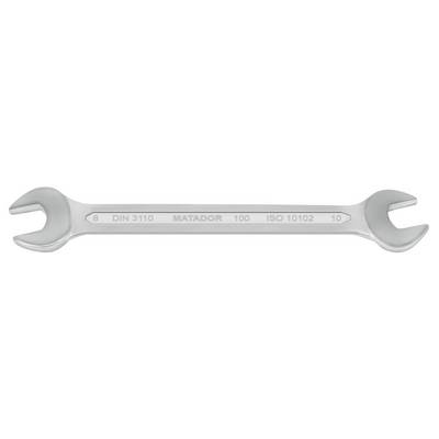 A silver double-ended spanner, numbered as 8 and 10. Markings: 'DIN 3110', 'MATADOR', '100', 'ISO 10102'.