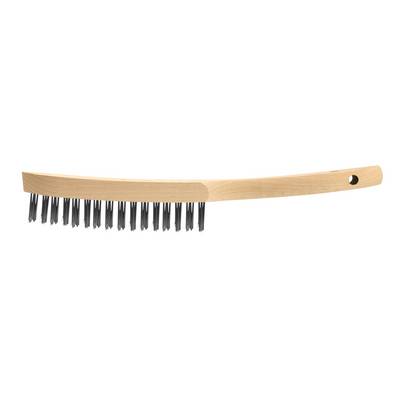 Wooden brush with black bristles, curved handle and hanging hole.