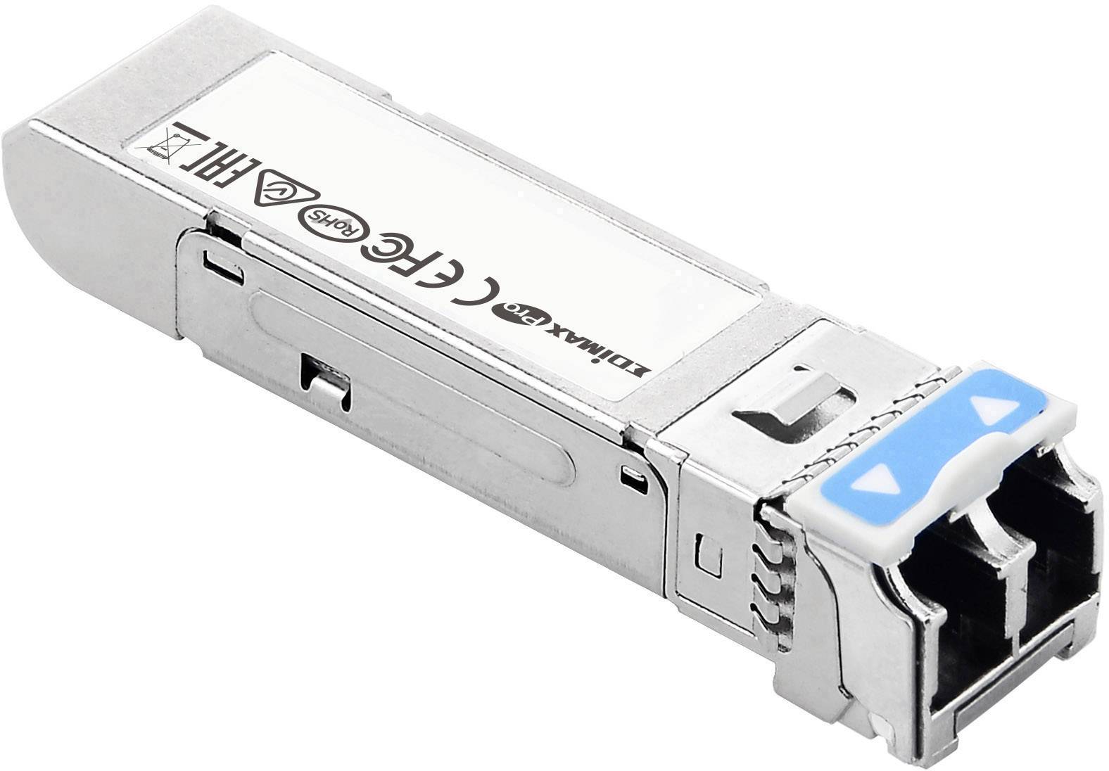 A SFP module with BIDI technology and 'D-Link' marking, used in network switches to connect via fibre optic cables.