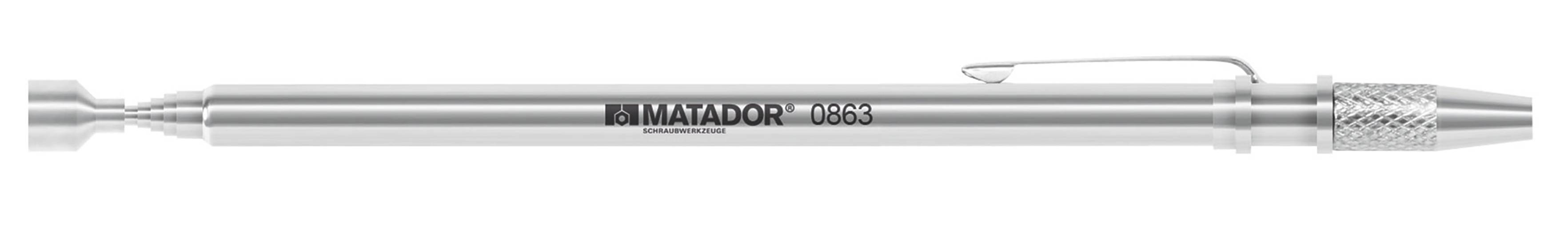 Silver-coloured, metallic pen with clip. Inscription 'MATADOR 1063'.