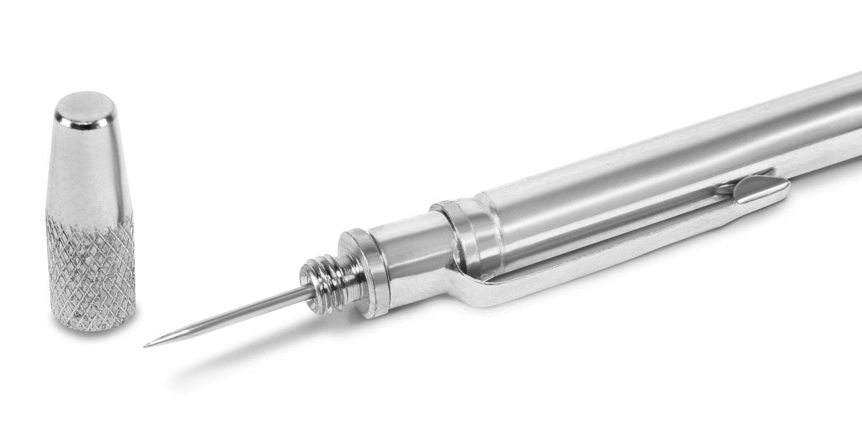 Silver mechanical pencil with removed eraser cap showing its fine tip. Simple, functional design.