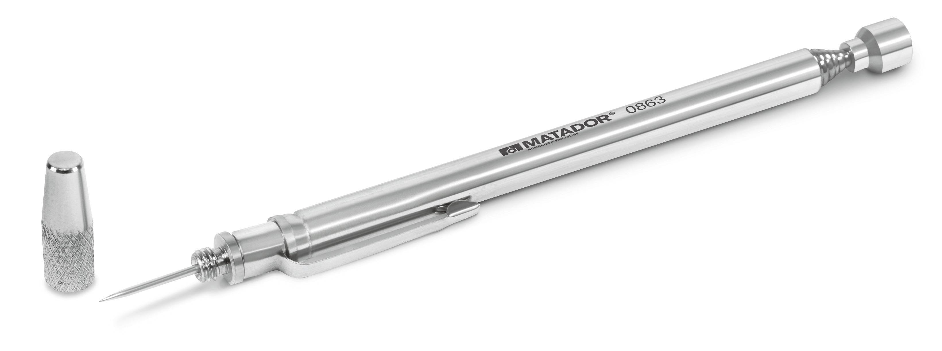 A silver mechanical propelling pencil by Matador lies on a surface, with its cap positioned beside it.