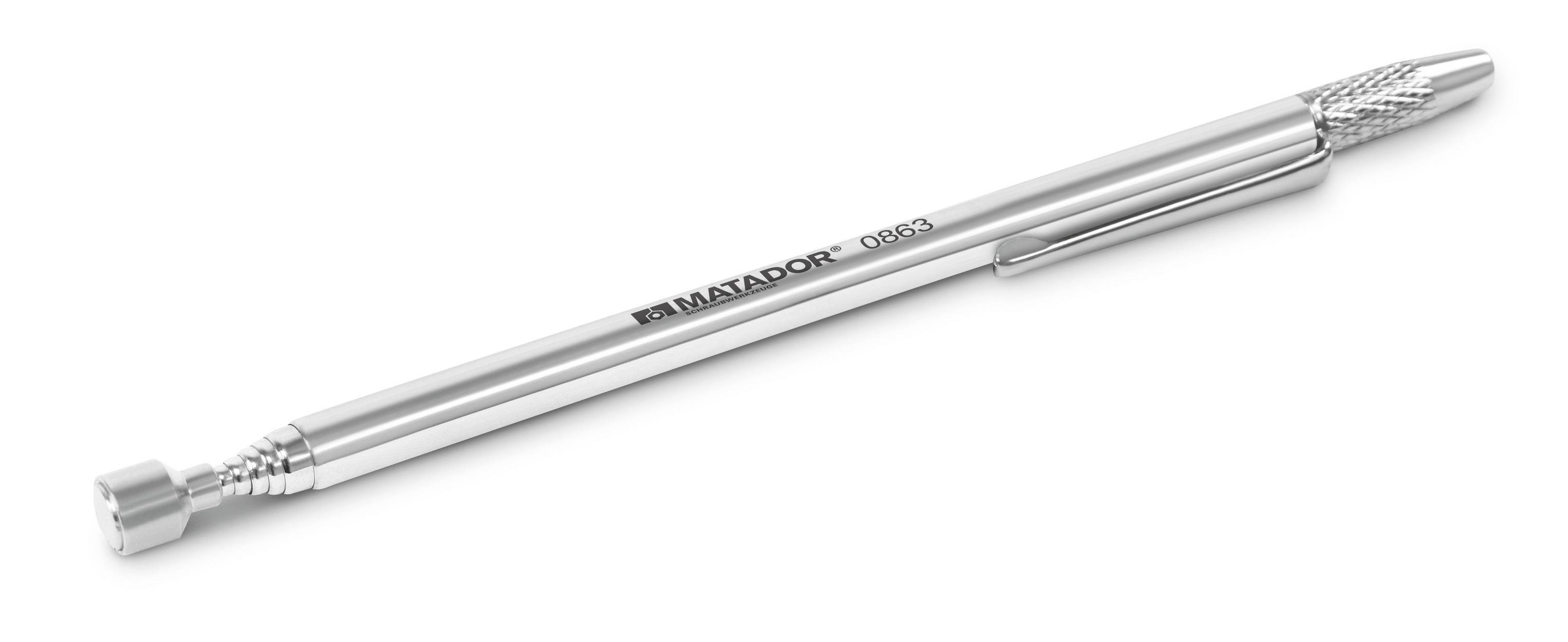 Silver telescopic magnetic pick-up tool with a small square magnetic head and side clip, by the brand Matador.