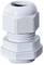 A white cable gland with a ribbed top section and hexagonal nut, used for sealing and securing cables in enclosures.