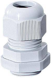 White plastic cable gland, consisting of multiple threads and a ribbed surface for improved grip.