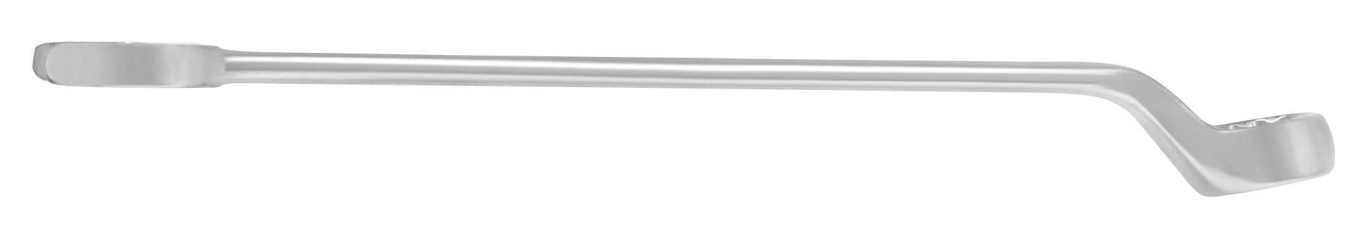 A silver crowbar with a curved and a flat side.