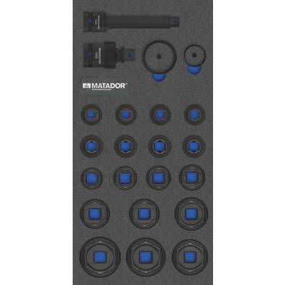 Foam insert with various plug connectors and extensions from the 'MATADOR' brand, arranged in a regulated grid pattern.