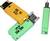 Three automotive connection fuses in different colours. Two rectangular ones, one in orange with black text, one in green. A pin-like one in green. Primarily for electrical fuses.
