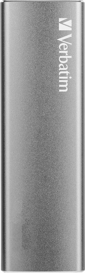 External silver hard drive with 'Verbatim' printed on the top surface. Portrait orientation, slim design.