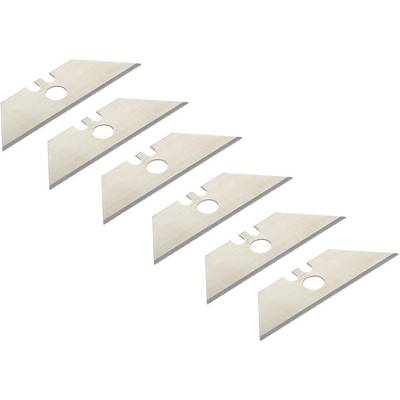 Six trapezoid-shaped blades with a central hole, evenly arranged in two diagonal rows, on a white background.
