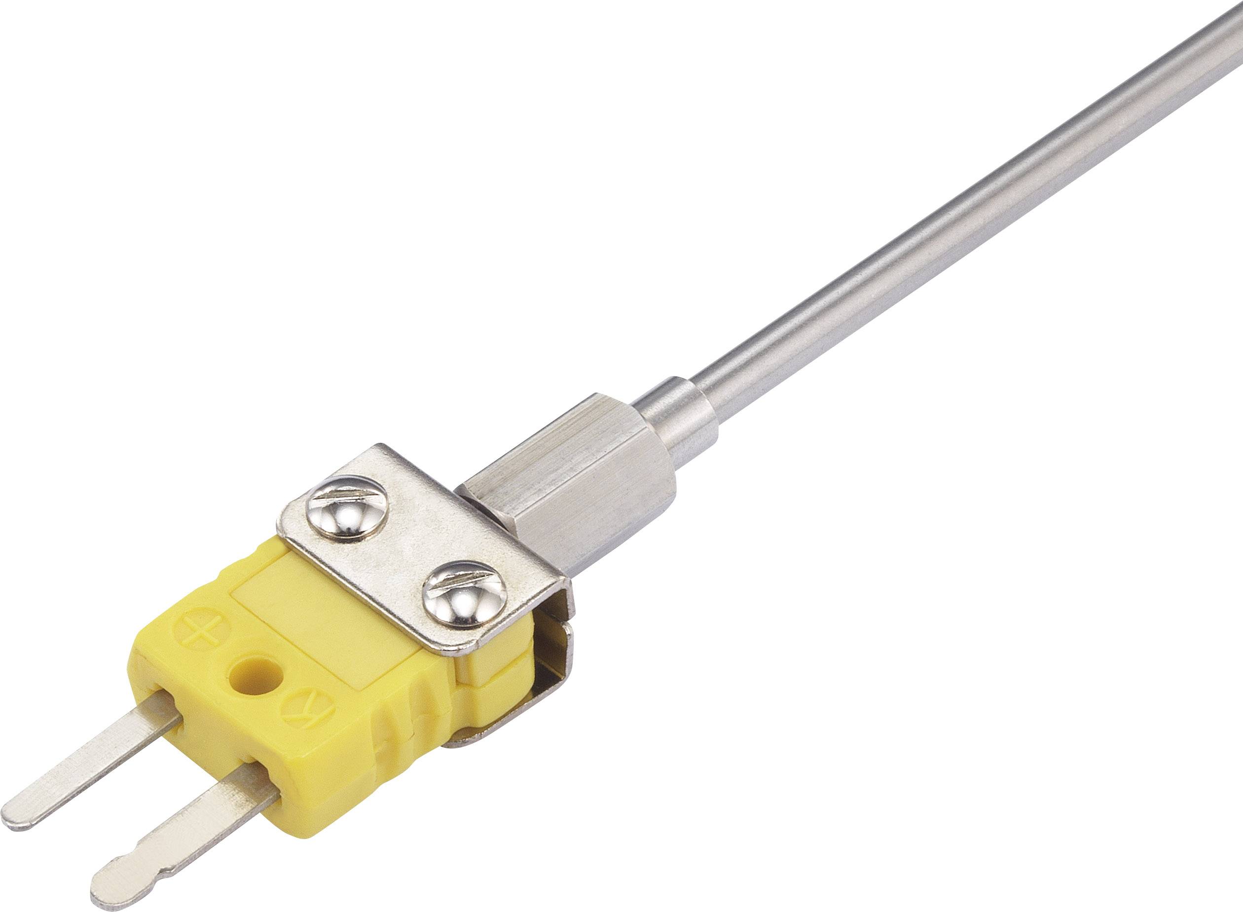 A yellow thermocouple plug with a metal probe, used for temperature measurement in scientific or industrial applications.
