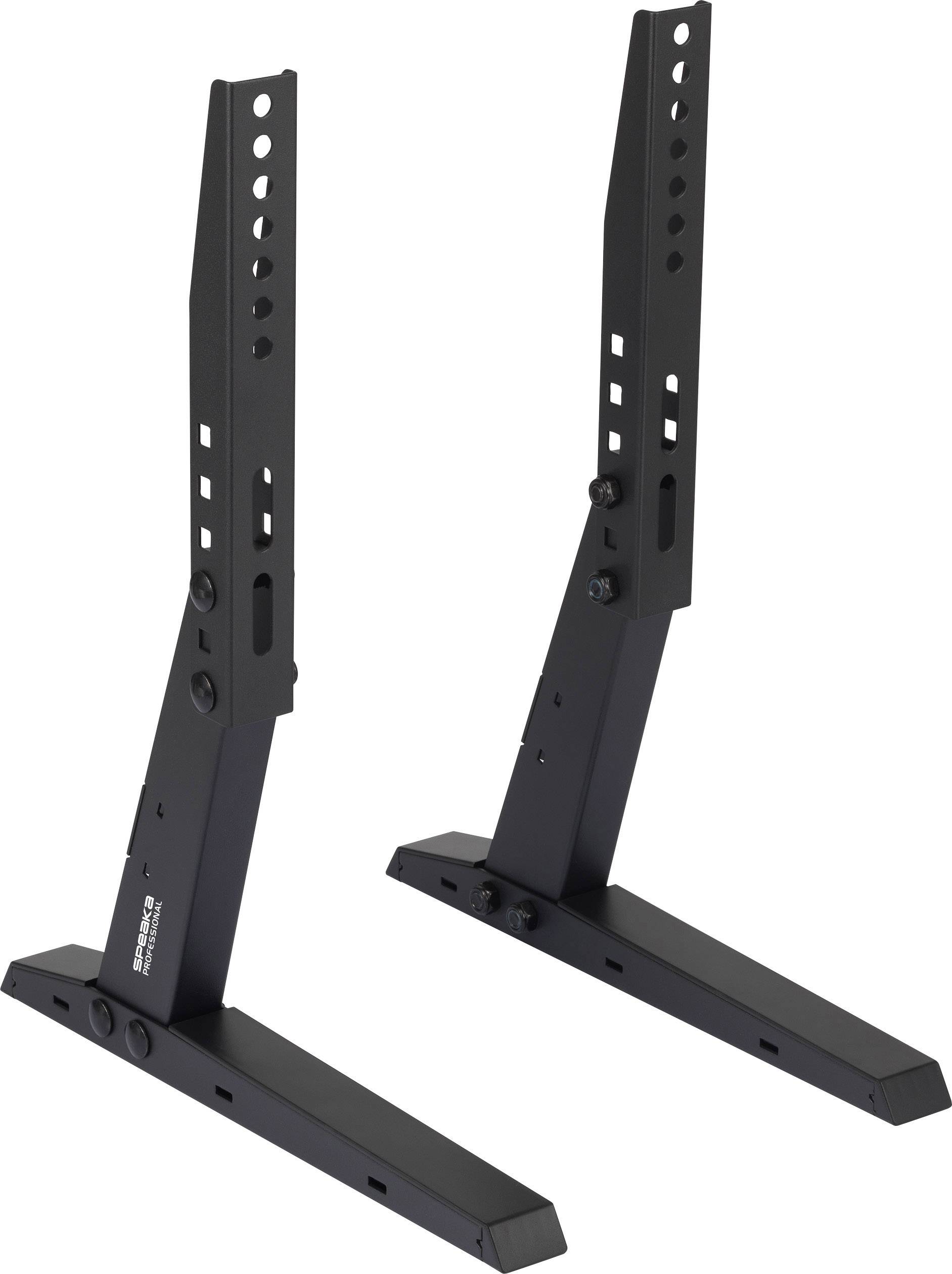 Two black, adjustable TV stand feet with holes for height adjustment on a white background, suitable for various TV models.