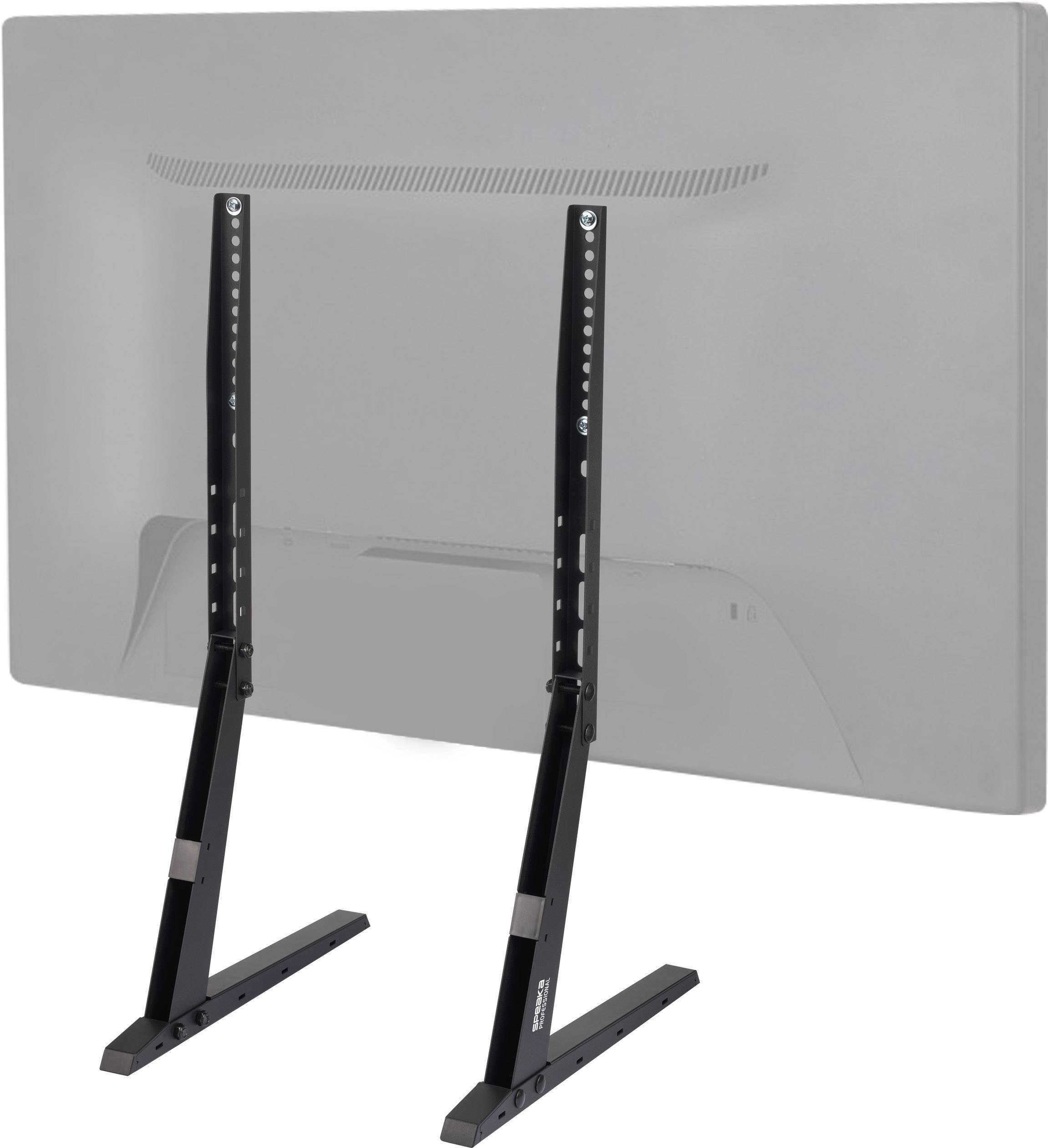 A grey television stand with two adjustable black metal supports that securely hold a screen. Ideal for large televisions.