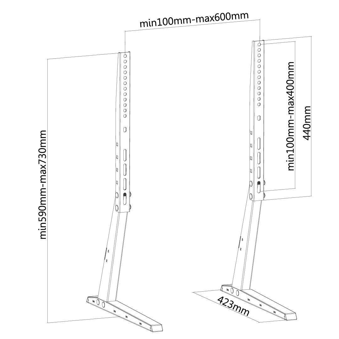 Sketch of two supports with measurement units. Support height ranges from 1785 mm to 2095 mm, width at base 600 mm. Adjustable height marked.
