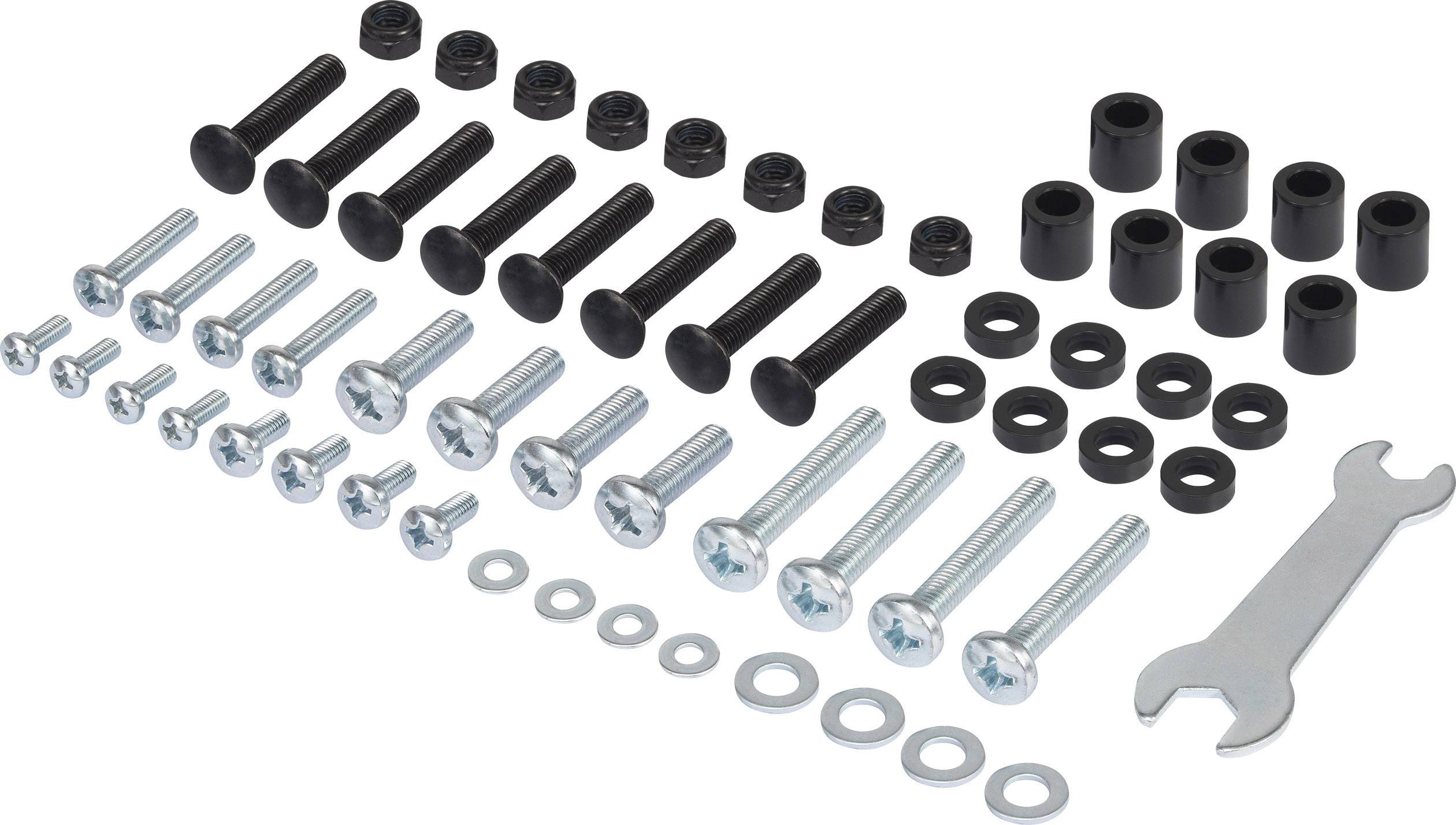 A set of various screws, washers, nuts and a spanner, arranged on a white background.