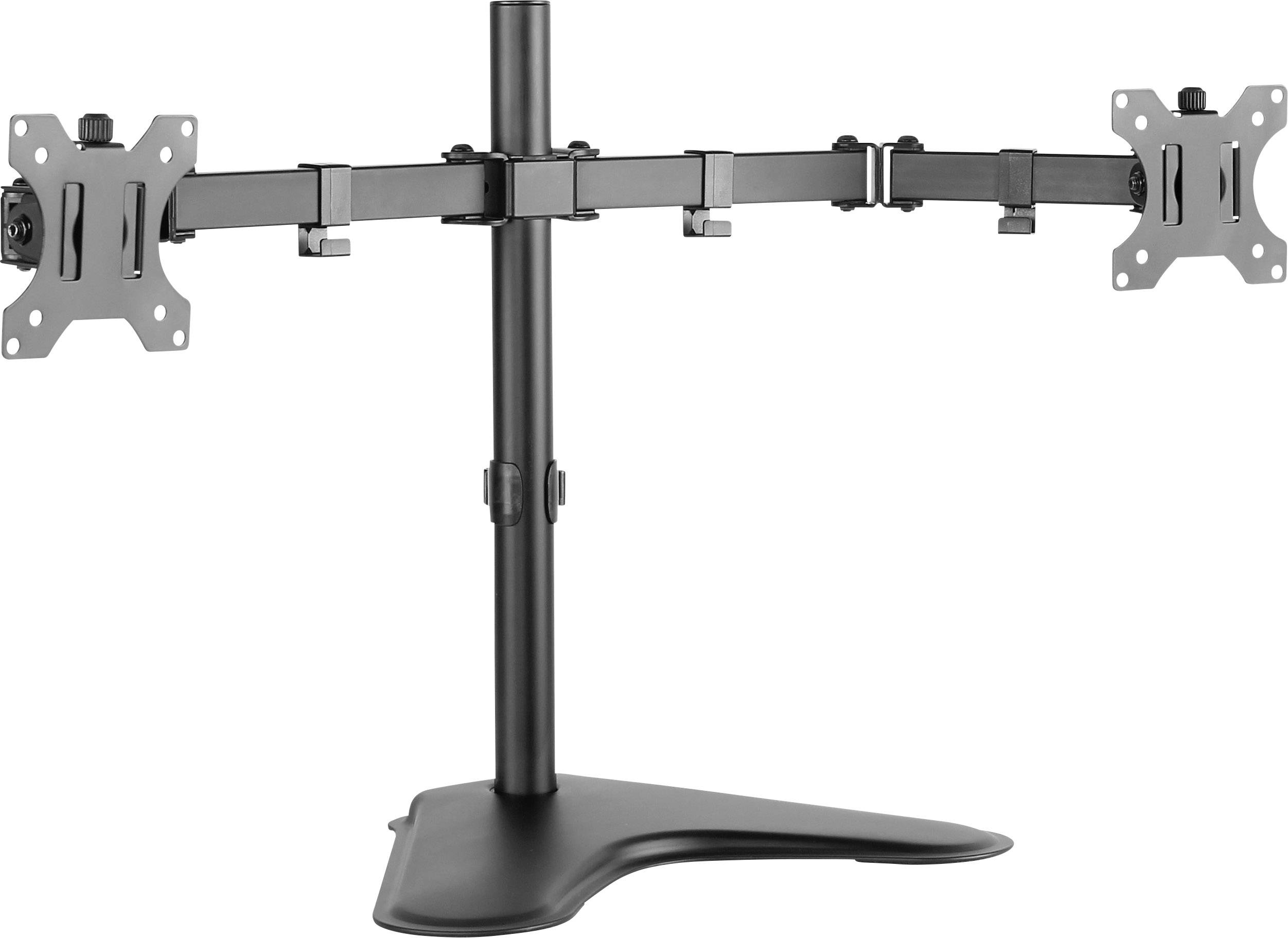 A black dual-monitor stand with a V-shaped base, adjustable arms and VESA mounting brackets for mounting two monitors.