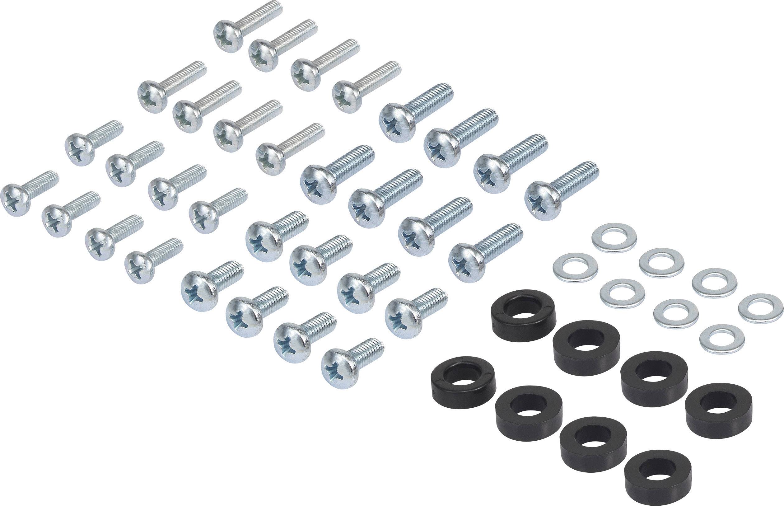 A set of screws, washers, and rubber seals, arranged in rows. Ideal for assembly or repair work.