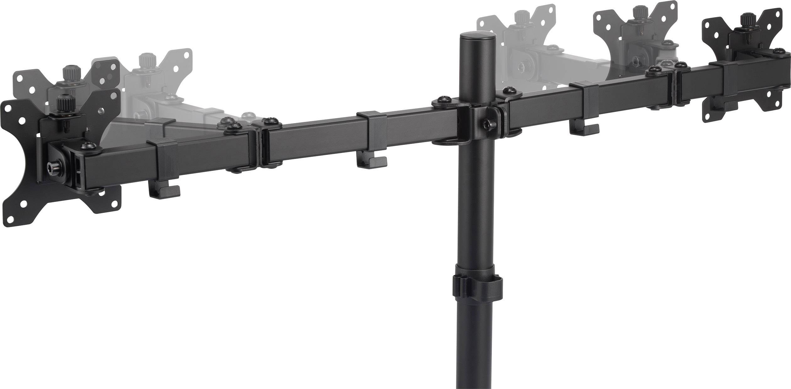 Black multi-arm monitor stand for mounting screens, fitted on a sturdy base.
