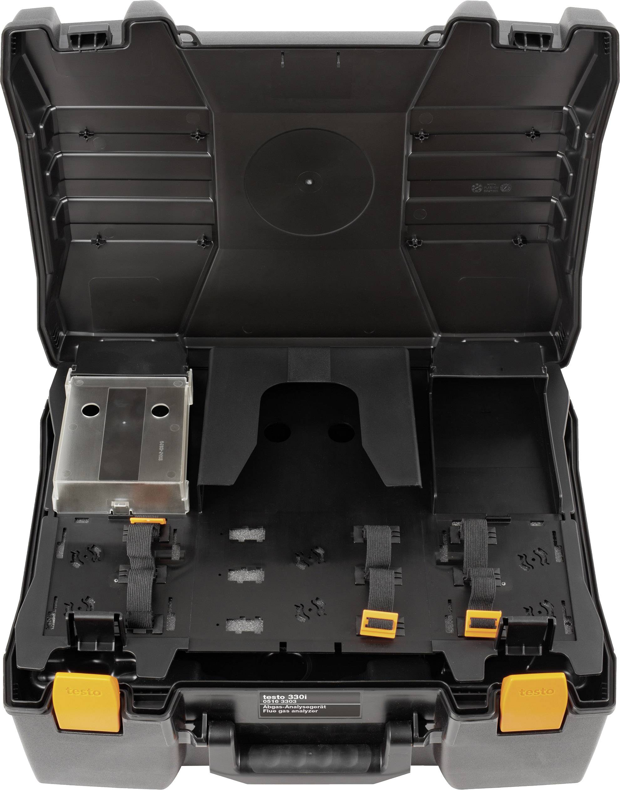 An opened black tool case with compartments and straps for storing and securing tools and accessories.
