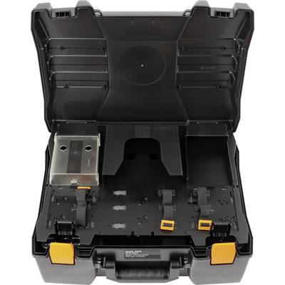 An opened black tool case with compartments and straps for storing and securing tools and accessories.