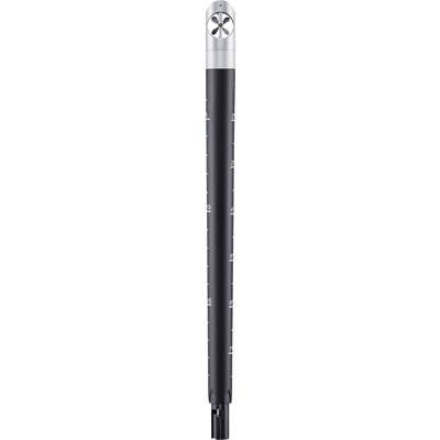 A black, cylindrical microphone viewed from above, with a silver grille at the upper end and markings engraved on the side.