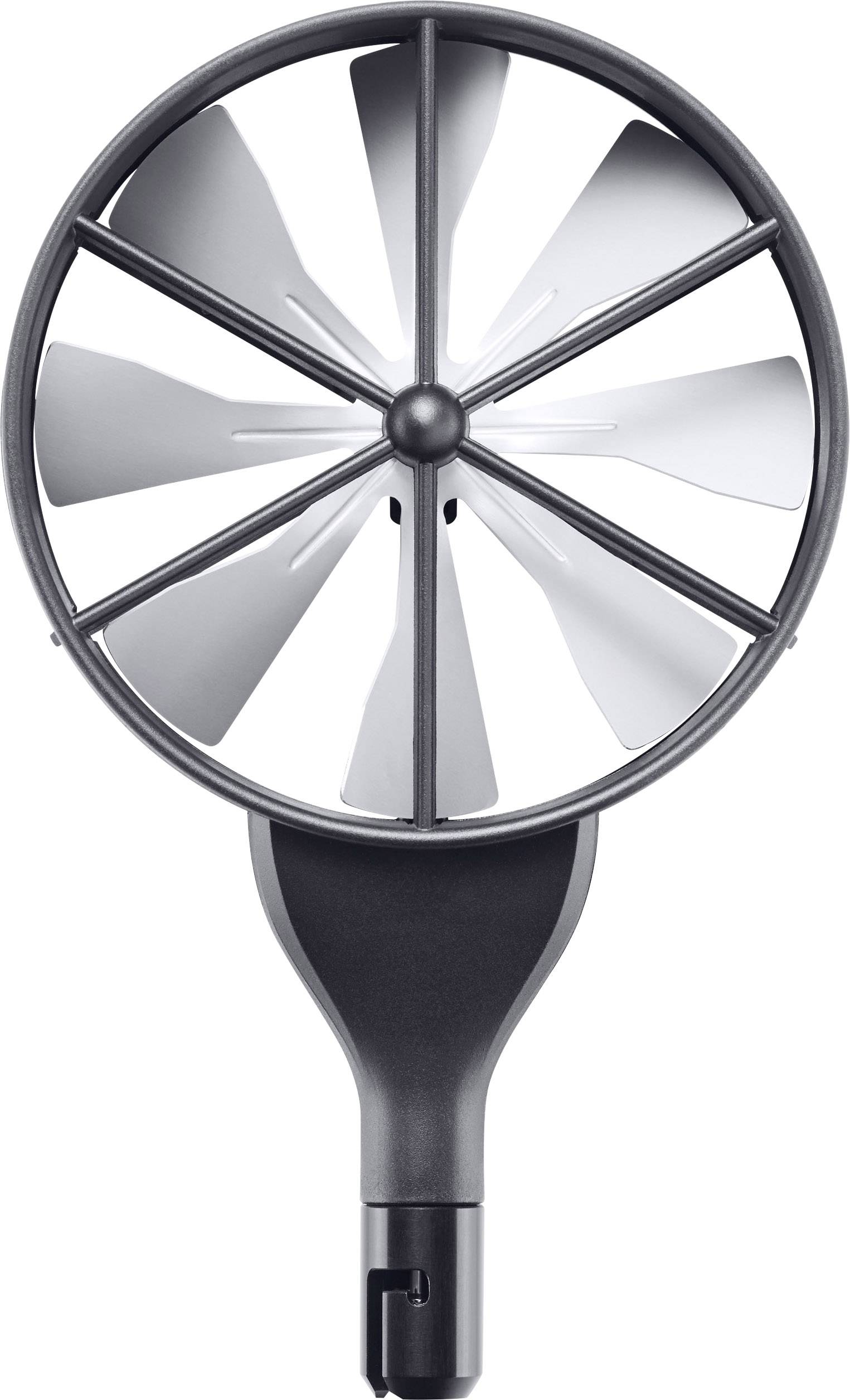 Small, portable hand-held fan with a black handle and white rotor blades. Perfect for cooling down while on the move.