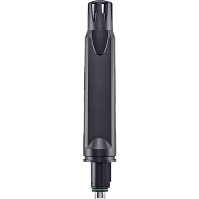 Black microphone with a sleek, cylindrical design, suitable for wireless audio recordings in professional environments.