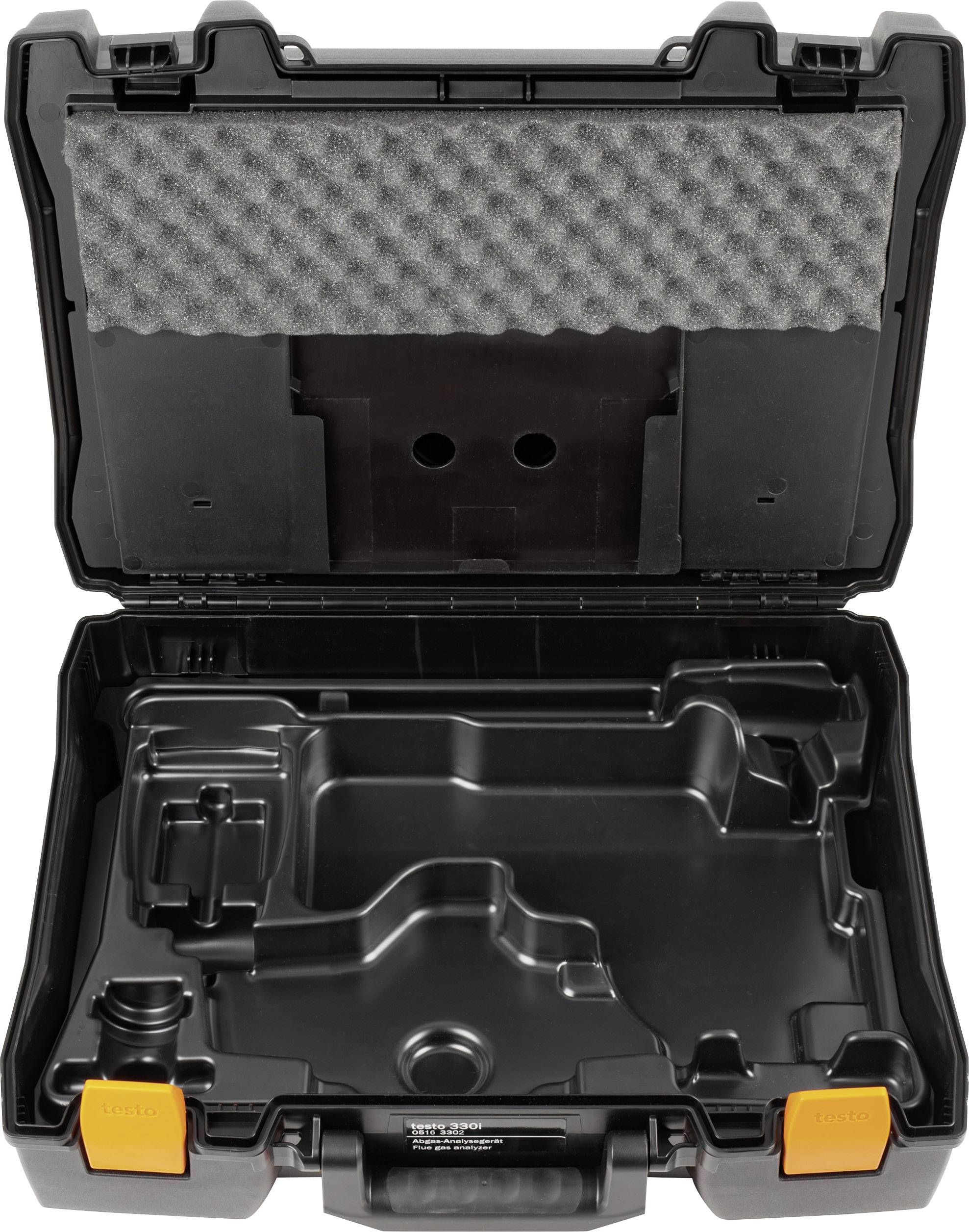 Open black tool case with moulded compartments for tools. Lid fitted with grey foam padding.
