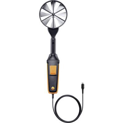 Anemometer with large windmill and handle, cable connected, for measuring air velocity and volumetric flow rate.
