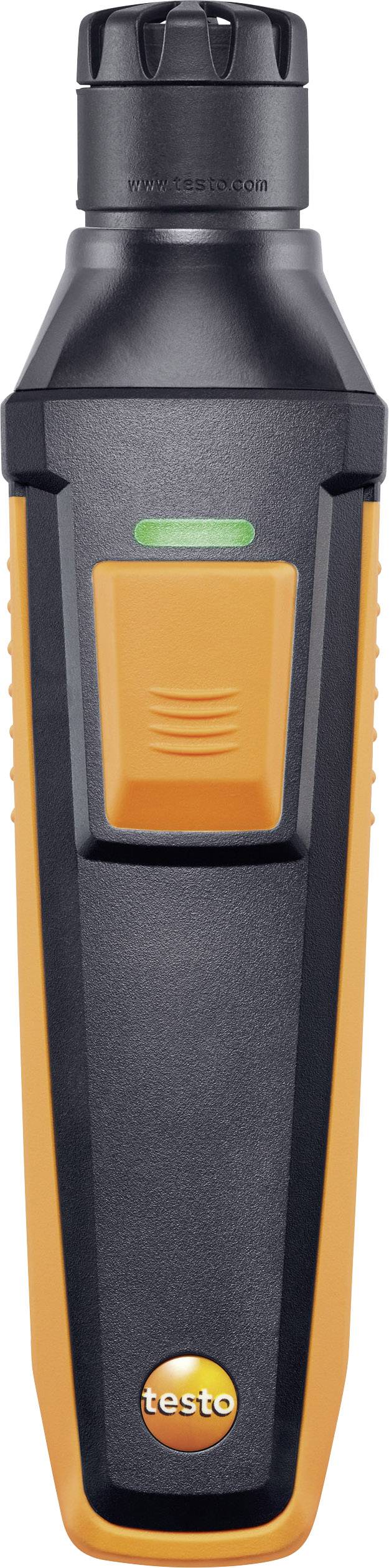 An orange and black, handy measuring device with a digital display, suitable for temperature measurements. Brand name 'testo' on the front.