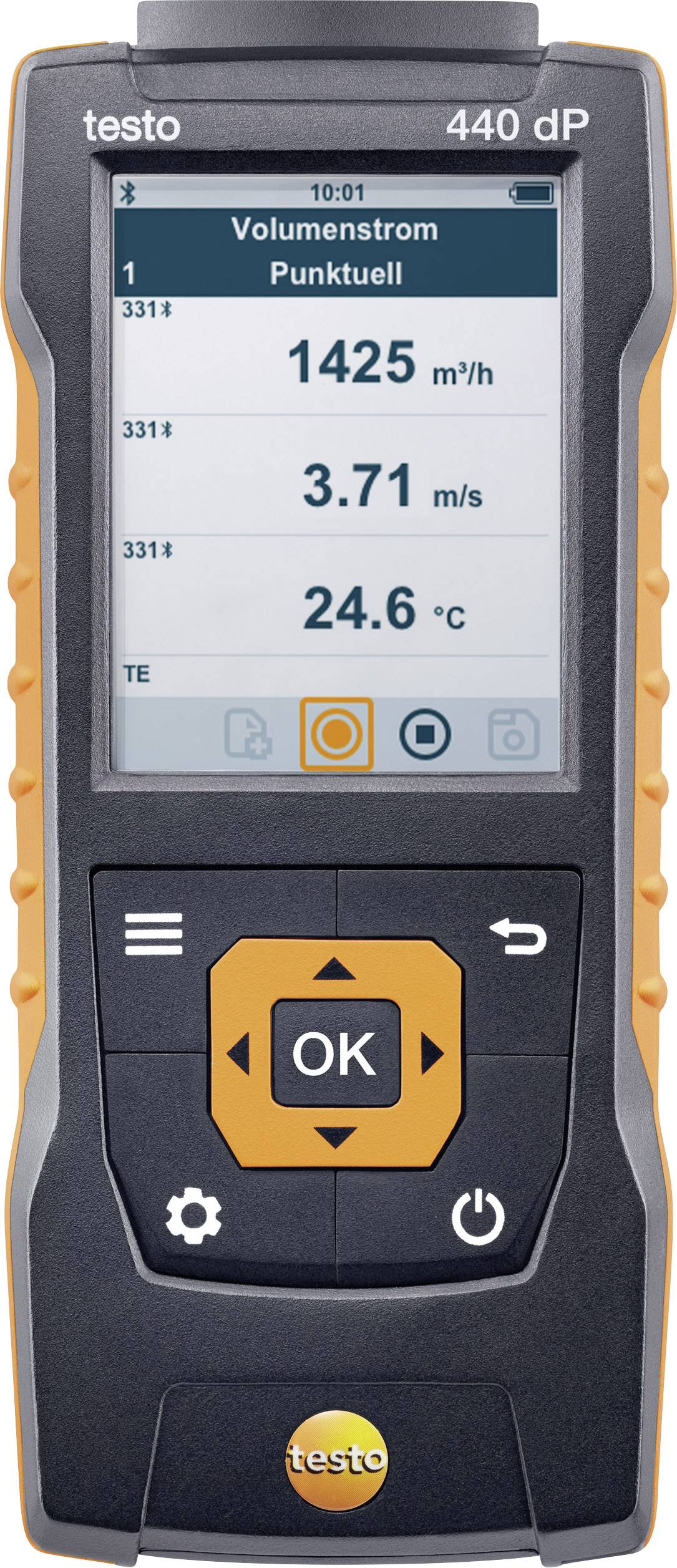 A portable measuring device displays on the screen: 'Point-specific Volume Flow' with measurement values '1425 m³/h', '3.71 m/s', '24.6°C'.