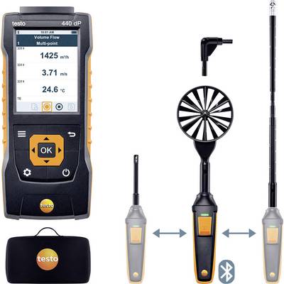 'Illustrated is a measuring device for flow and environmental measurement with a digital display. Including various sensor attachments and Bluetooth functionality.'