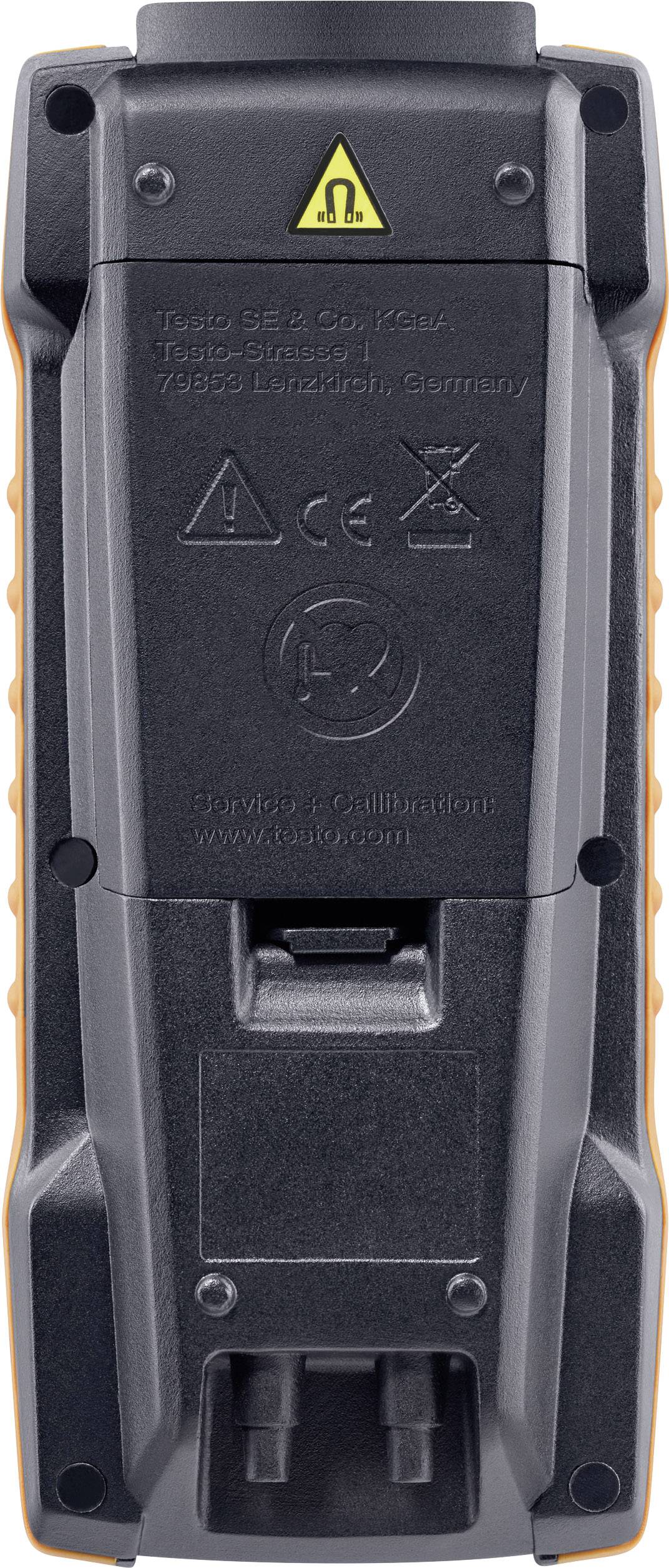 Back of an electronic measuring device with various certification and safety symbols on a black housing.