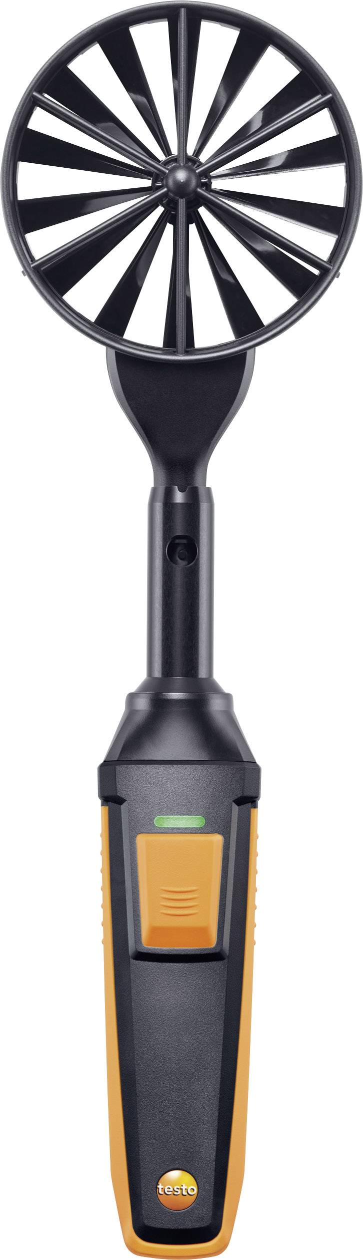 Handheld device with a large, round sensor on top and an orange-black grip. Potentially used for measurements in technical applications.