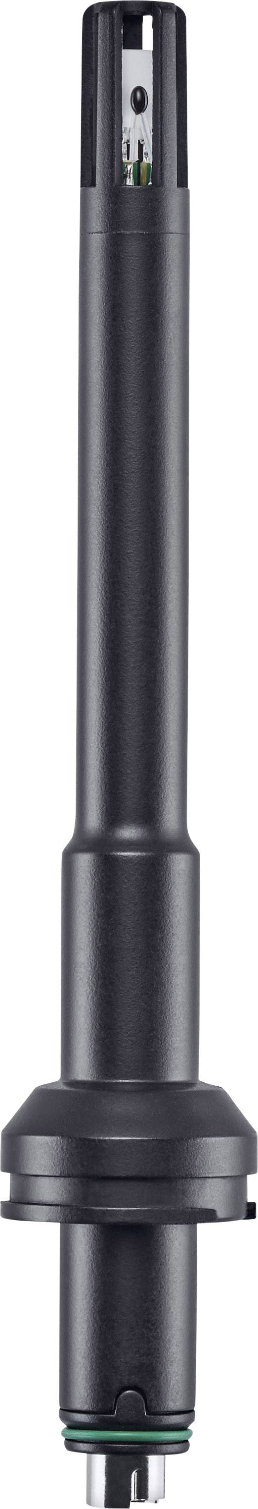 Black electronic device, vertical cylindrical shape with visible components on top, possibly a sensor or technical component.