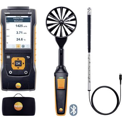 Measuring device for air flow measurement with display screen on the left, vane probe in the centre, hot-wire probe on the right, Bluetooth connection.
