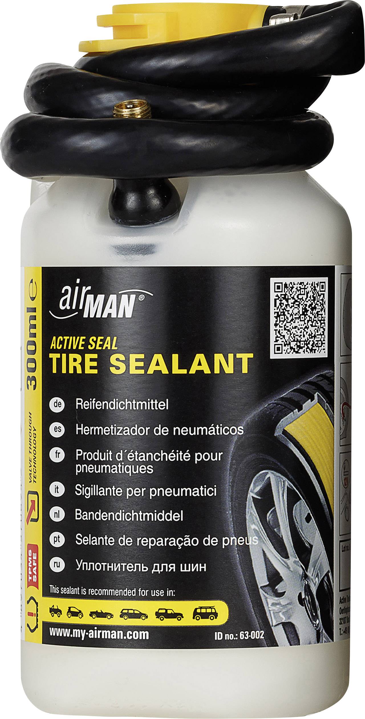 Tyre Sealant Bottle with Yellow and Black Design. Text on Bottle: 'Tyre Sealant'. Image Shows a Car with a Covered Tyre.